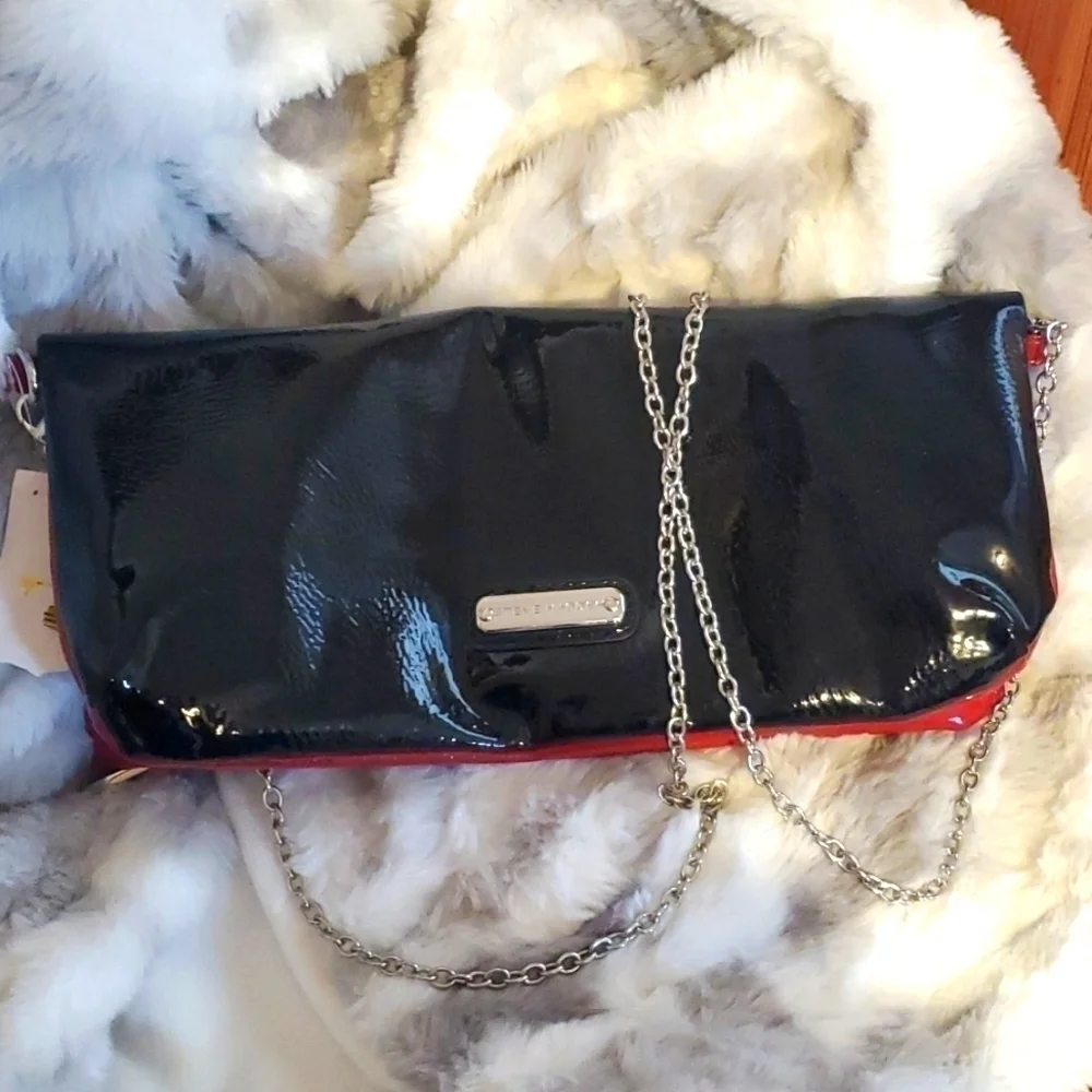 Steve Madden| Women's Red & Black Clutch Purse With Silver Chain Evening Bag L